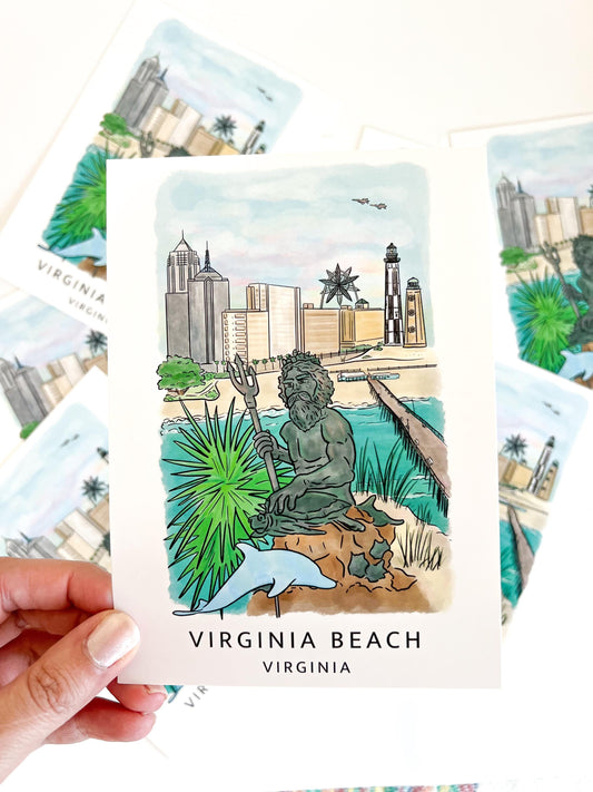 Virginia Beach Postcard 5x7 – Illustrated Neptune Statue, Lighthouses & Skyline | Coastal Travel Art, Souvenir, VA Gift