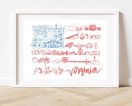 Virginia Art Print, 8x10 State Landmarks Illustration – Patriotic Red, white, & Blue Home Decor – Virginia Gift or Souvenir, July decor