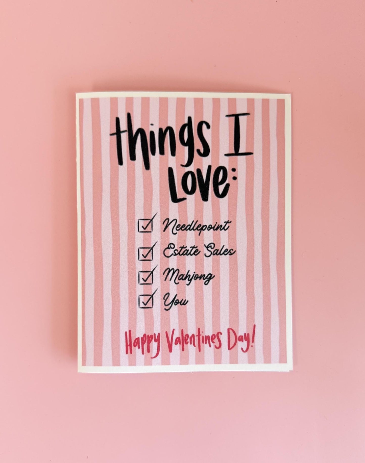 Funny Mahjong Valentine’s Day Card | Grandmillennial Valentine Card | Things I Love Card | Needlepoint Mahjong Estate Sales | Cute Valentine