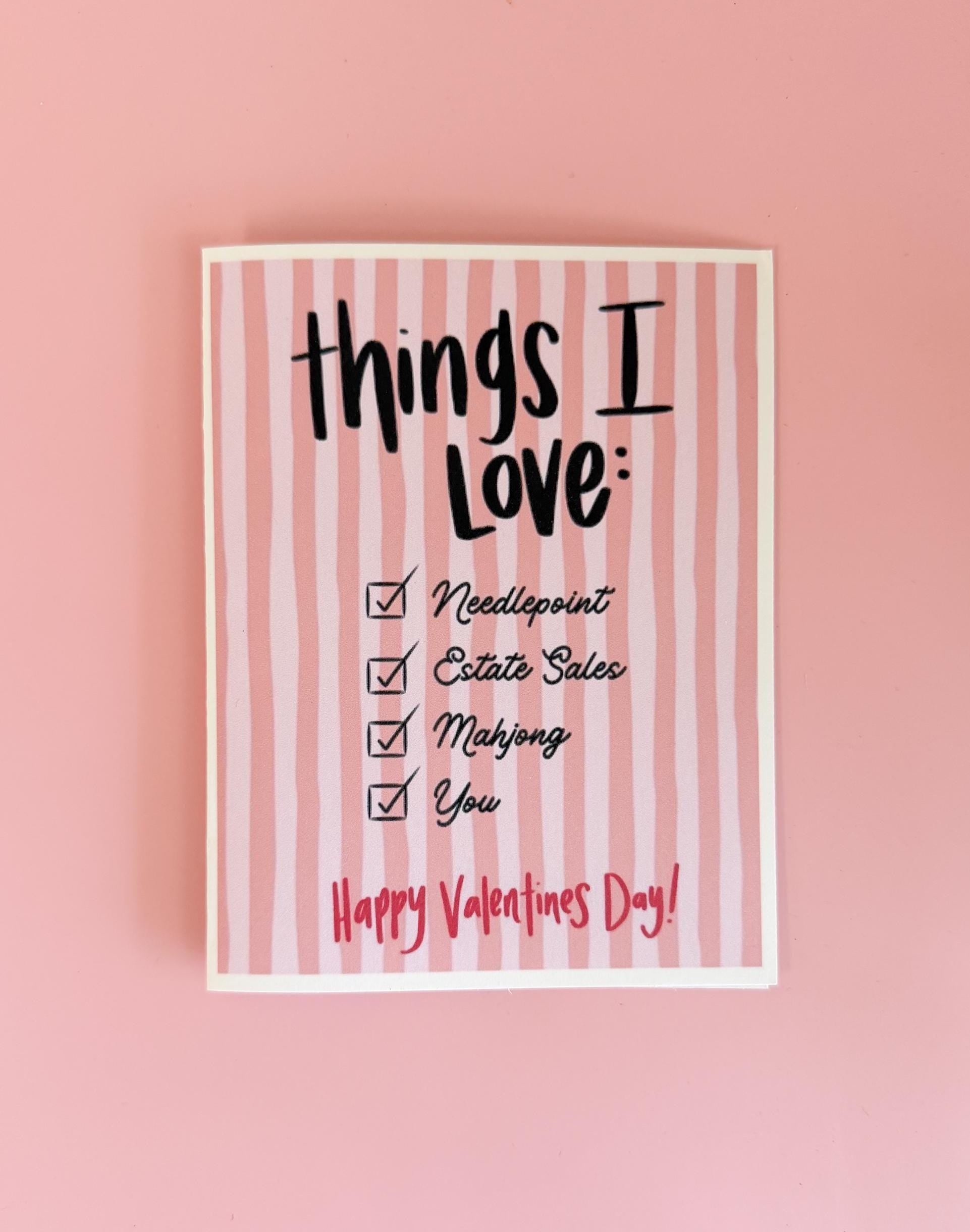 Funny Mahjong Valentine’s Day Card | Grandmillennial Valentine Card | Things I Love Card | Needlepoint Mahjong Estate Sales | Cute Valentine