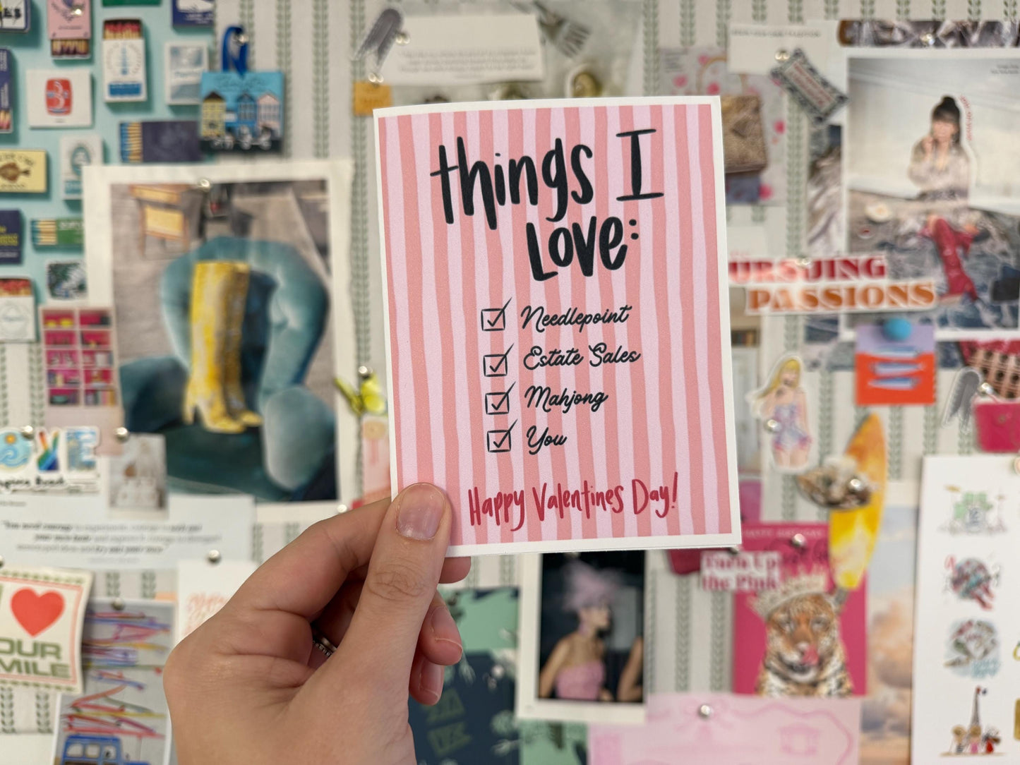 Funny Mahjong Valentine’s Day Card | Grandmillennial Valentine Card | Things I Love Card | Needlepoint Mahjong Estate Sales | Cute Valentine