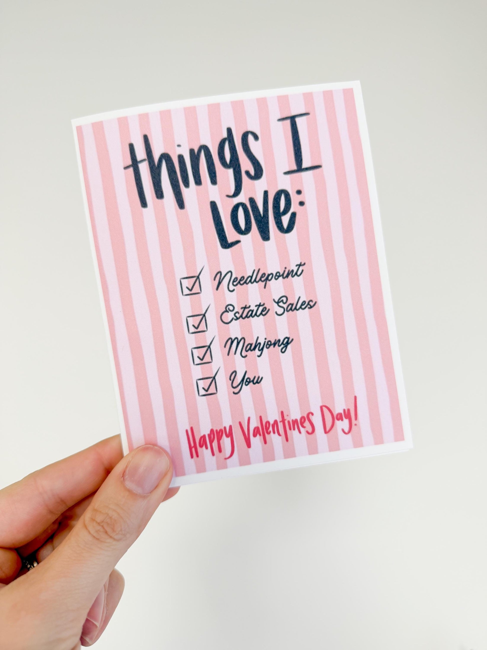 Funny Mahjong Valentine’s Day Card | Grandmillennial Valentine Card | Things I Love Card | Needlepoint Mahjong Estate Sales | Cute Valentine