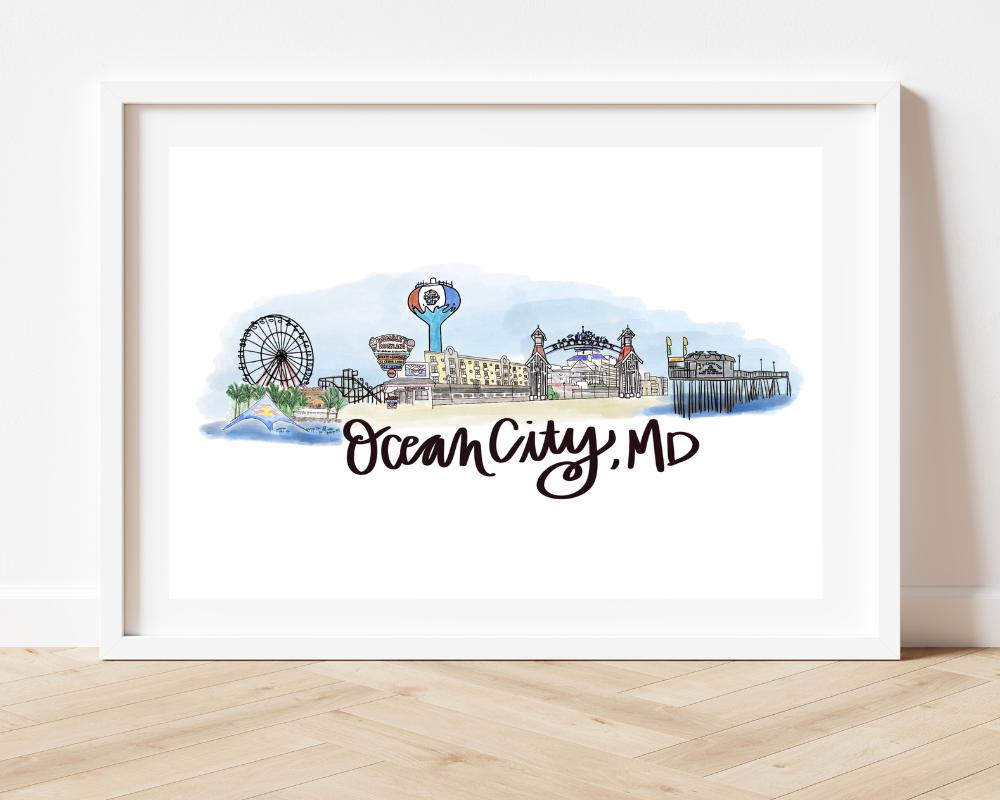 Ocean City Maryland Print | Ocean City MD Skyline Illustration | Coastal Wall Art | Beach Town Decor | 8x10