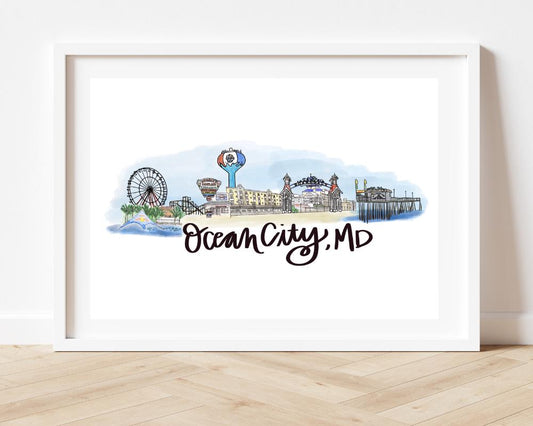 Ocean City Maryland Print | Ocean City MD Skyline Illustration | Coastal Wall Art | Beach Town Decor | 8x10