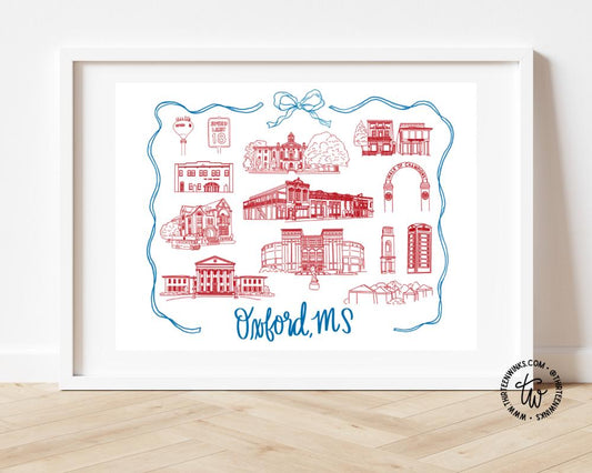 Oxford MS Art Print – 8x10 Illustrated Skyline – Bow Landmarks Wall Art – Oxford Mississippi Gift