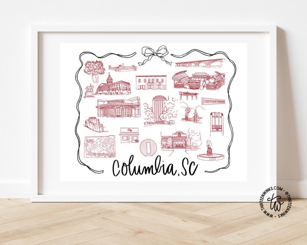 Columbia SC Art Print – 8x10 Illustrated Skyline – Bow Print, Landmarks Wall Art, Southern City Gift, South Carolina