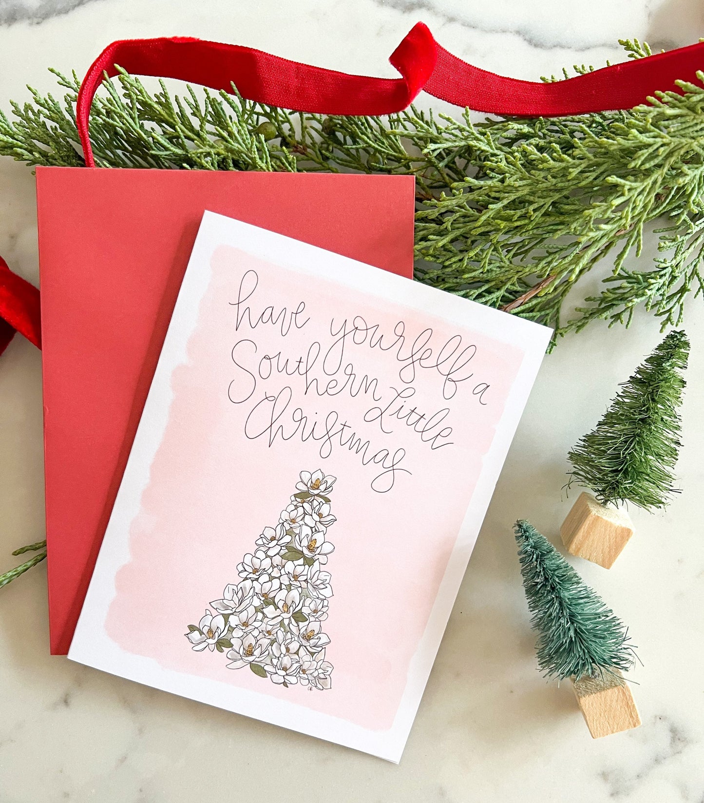 Southern Little Christmas - Magnolia Tree-  hand lettered card