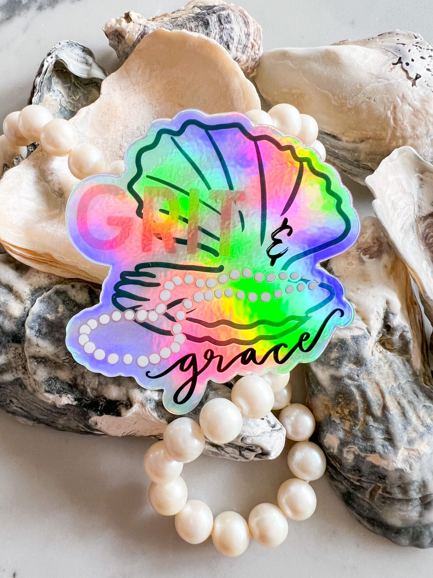 Grit and grace -pearl necklace oyster holographic sticker