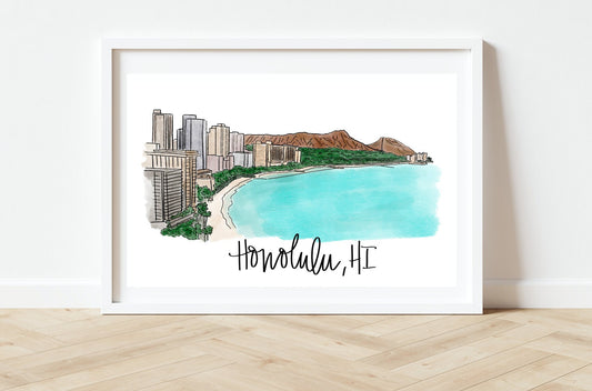 Honolulu, Hawaii, HI -  Skyline Print - Diamond Head