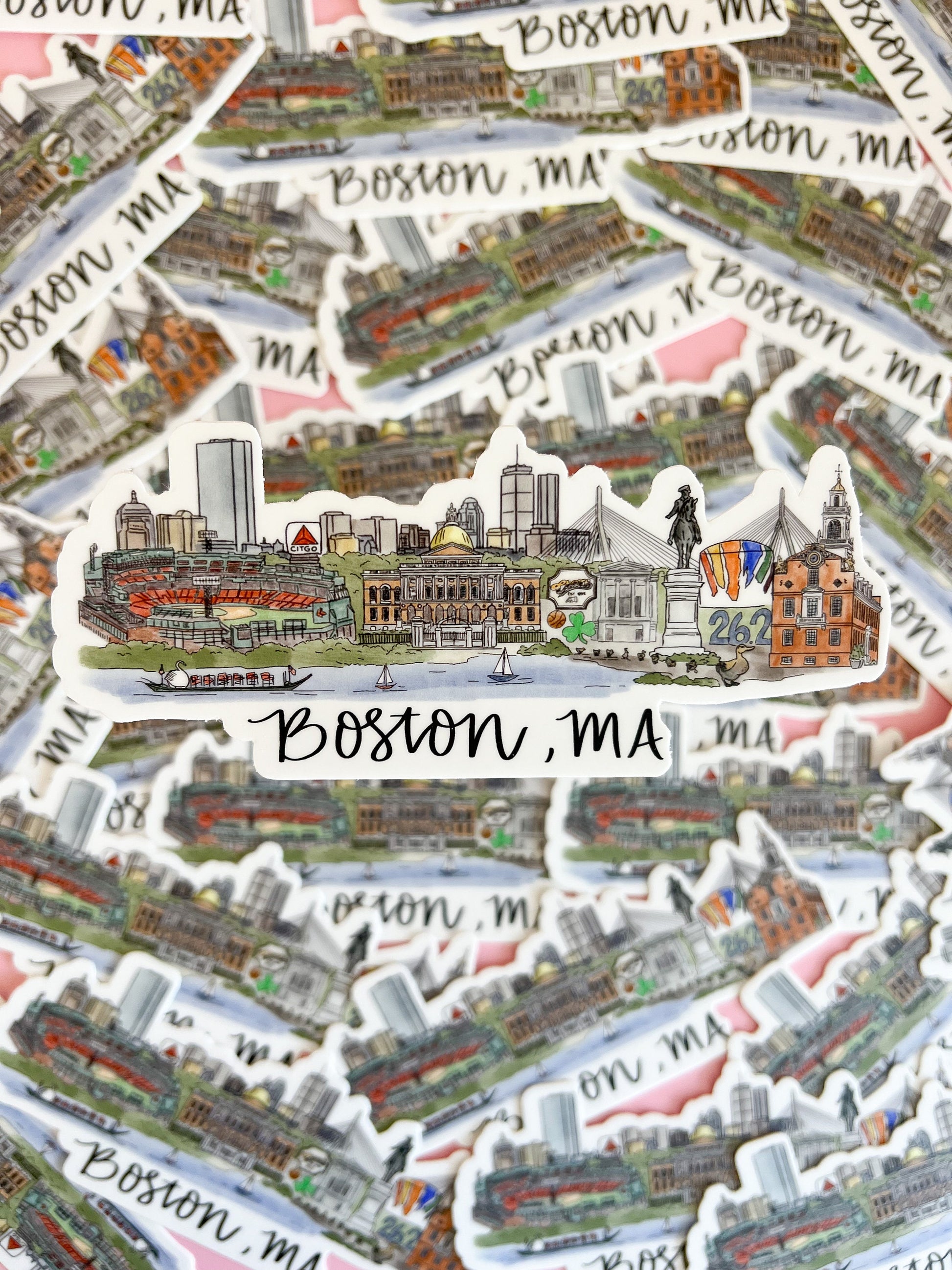 Boston, MA Massachusetts Skyline/landmark sticker - Fenway park - Celtics - ducklings - swan boats, laptop sticker water bottle sticker