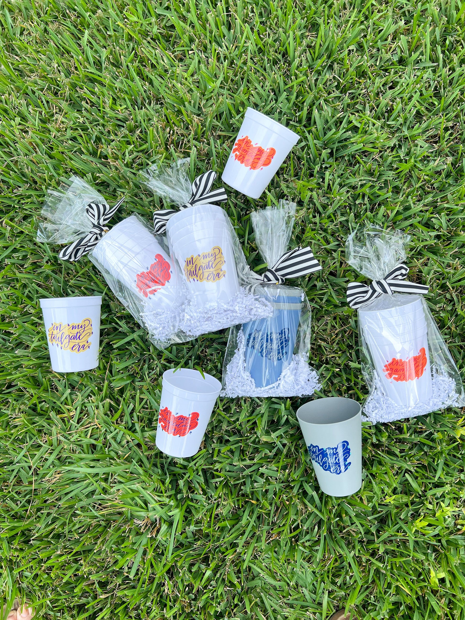 In my gameday era tailgate cups, orange and navy, Charlottesville, UVA