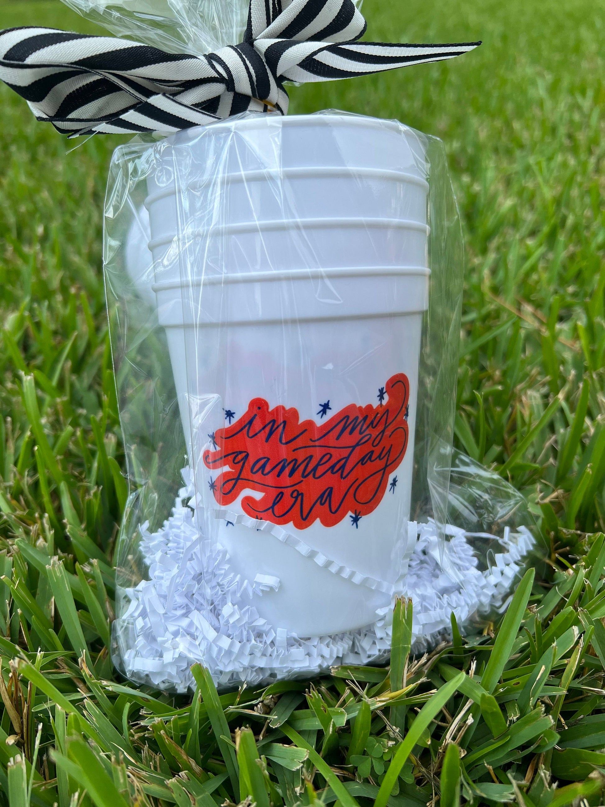 In my gameday era tailgate cups, orange and navy, Charlottesville, UVA