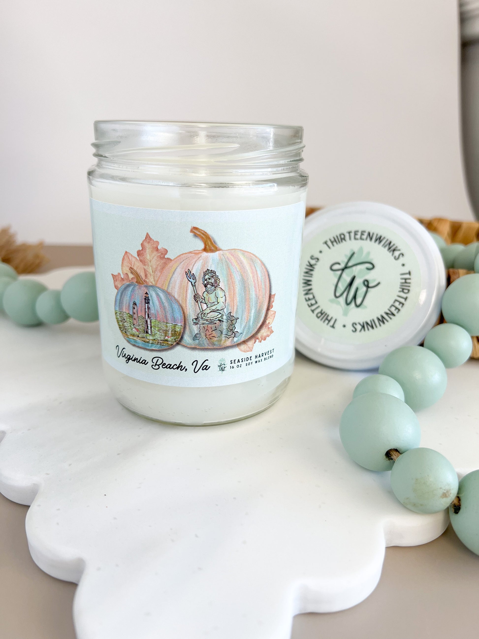 King Neptune and Cape Henry Lighthouse Pumpkin Candle - Virginia Beach, VA - Seaside Harvest, Coastal Fall decor, Coastal fall candle