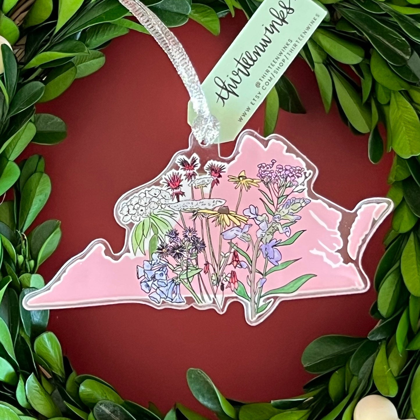Virginia Wildflower State Acrylic Ornament - pink