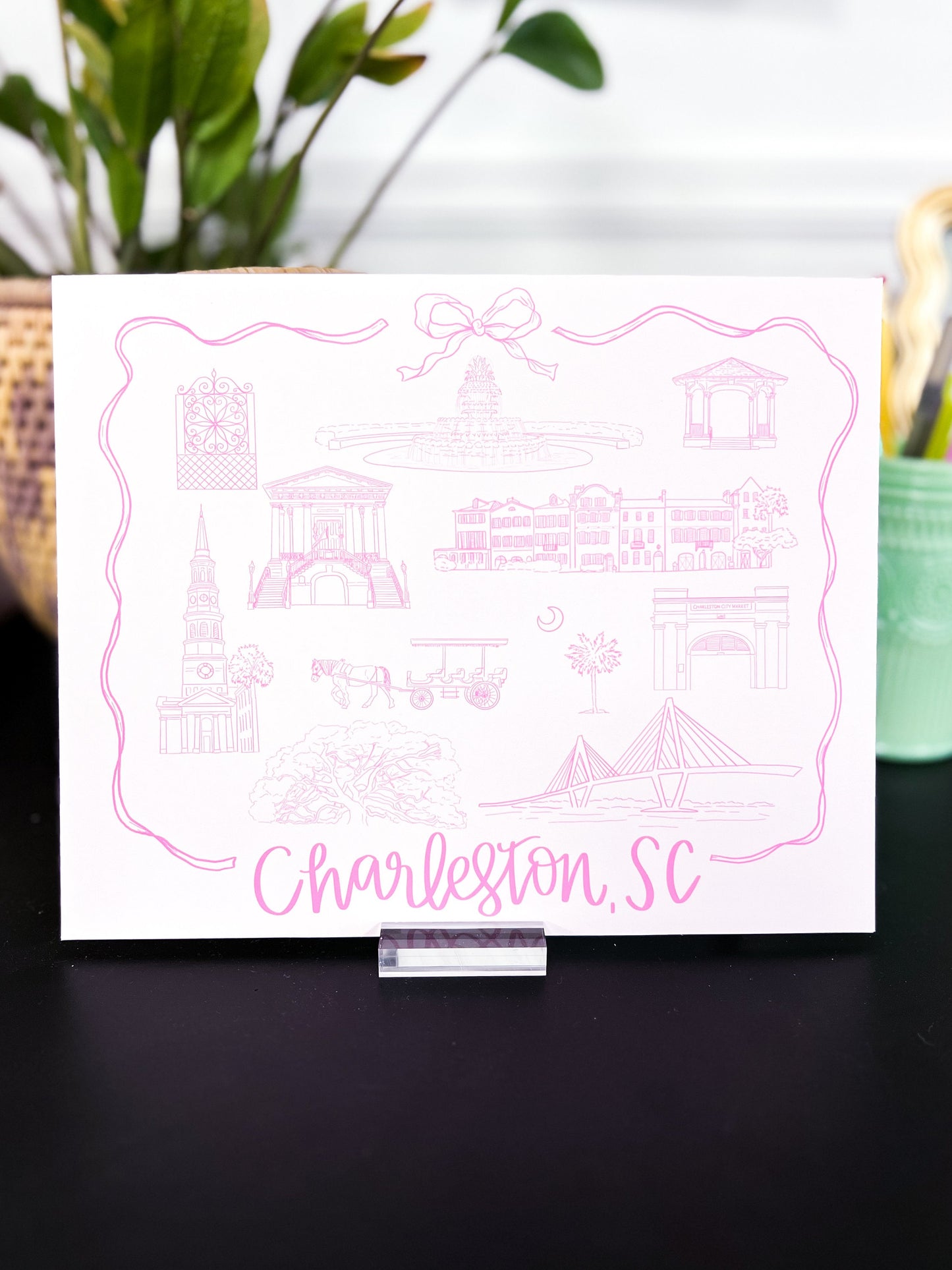 Charleston SC Landmark Print - Pink Coquette Bow style