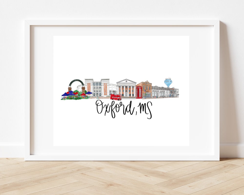 Oxford, MS Mississippi Skyline Print, Oxford Art, Double decker bus, Blue and Red