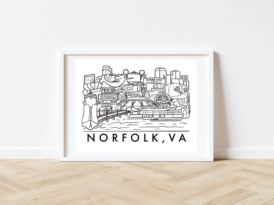 Norfolk Virginia Landmarks, Black and White Skyline Print 8x10