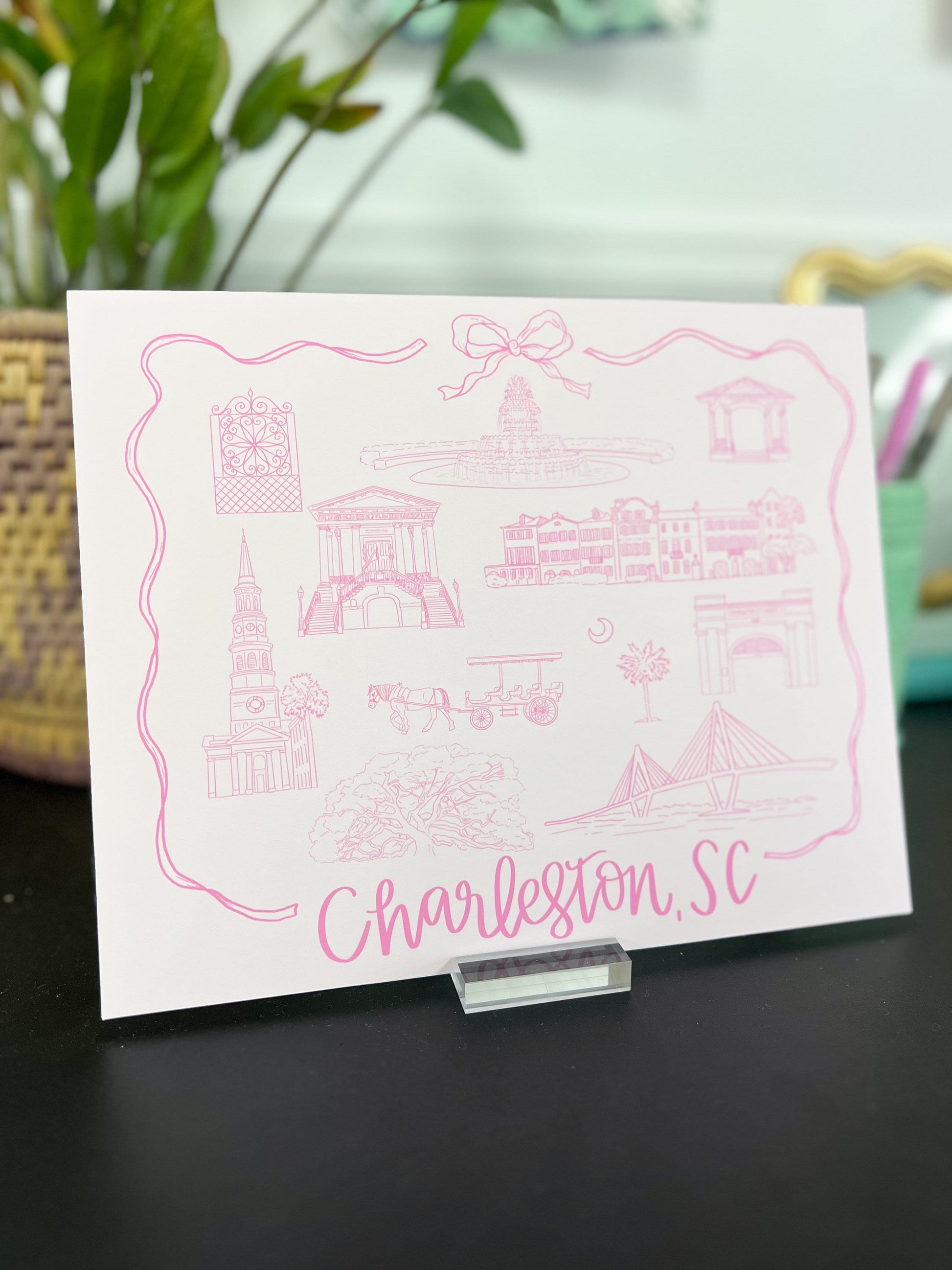 Charleston SC Landmark Print - Pink Coquette Bow style