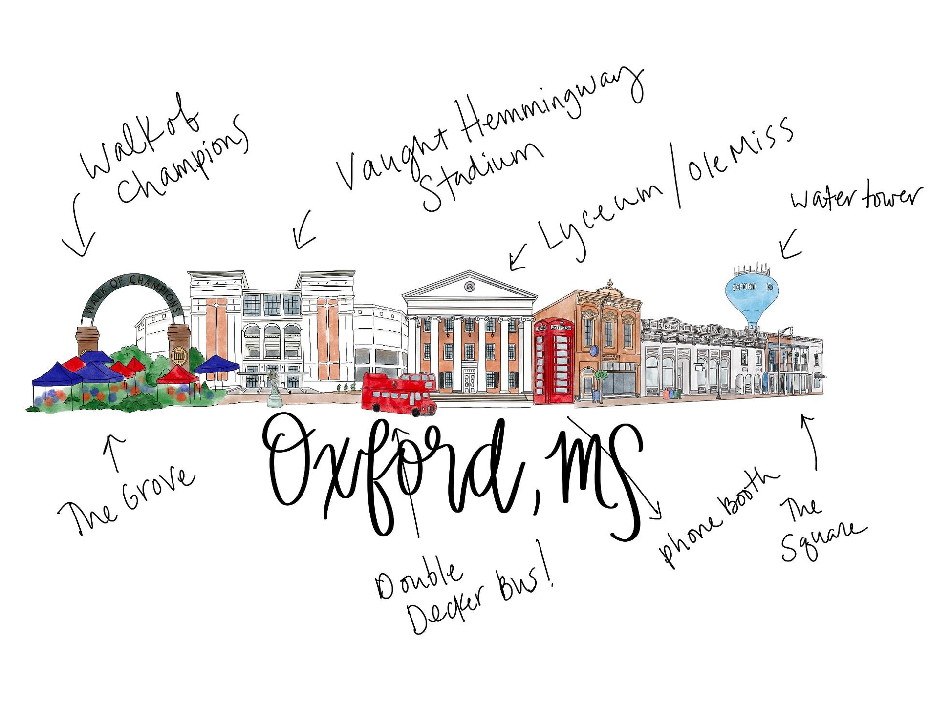 Oxford Mississippi Sticker, Skyline sticker, Souvenir sticker, Mississippi Sticker, The Grove, Red and Blue, College town Sticker